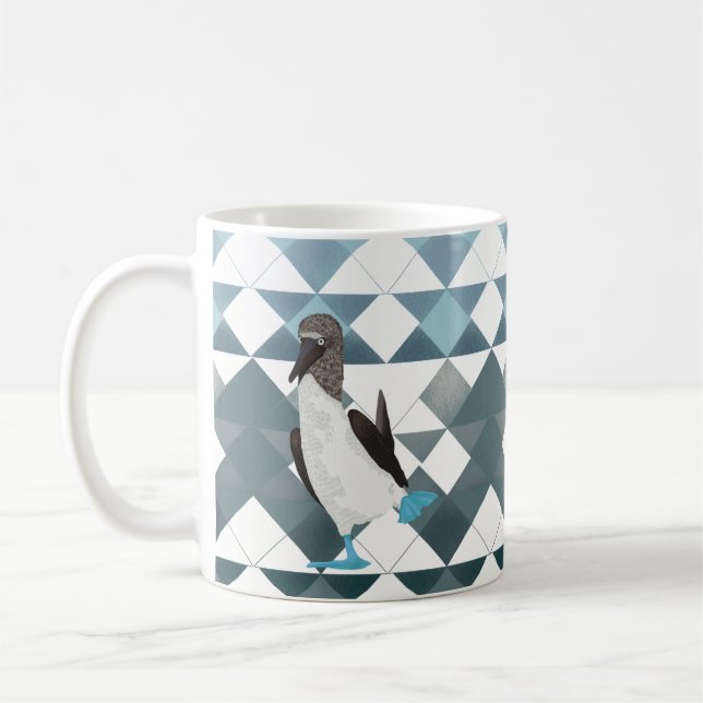 Cute Blue-footed Booby-Bird On Geometric Pattern Coffee Mug (Left)