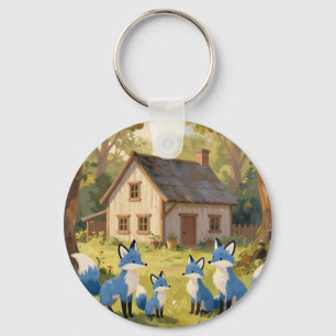 Cute Blue Fox Family Cottage Keychain