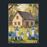 Cute Blue Fox Family Cottage Postcard<br><div class="desc">Bring playful woodland charm to your space with this heartwarming illustration of a blue fox family gathered in a sunny forest clearing. Five adorable foxes in soft shades of sapphire and sky blue, with fluffy white-tipped tails and black accents, sit attentively on lush green grass sprinkled with wildflowers. Behind them...</div>