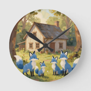 Cute Blue Fox Family Cottage Round Clock