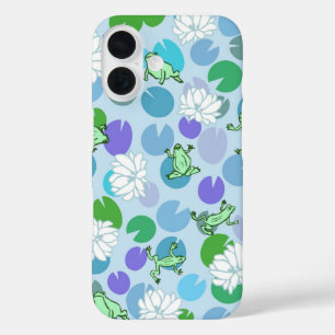 Cute blue frog art with waterlilies girly iPhone 16 case