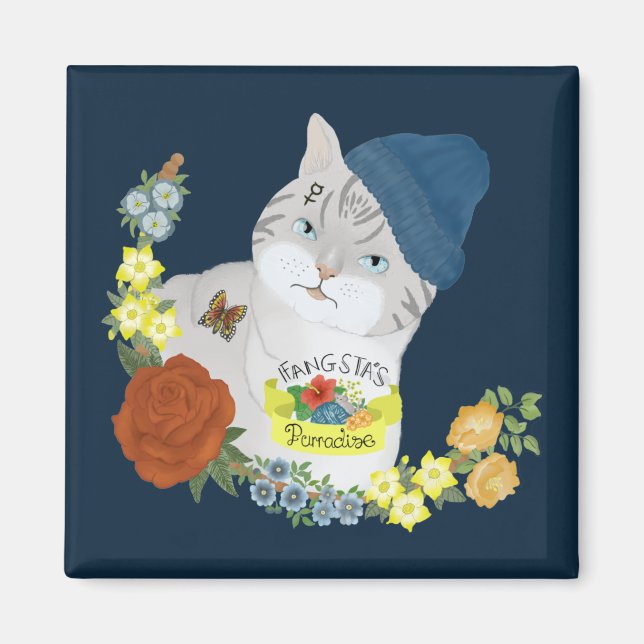 Cute Blue Gangster Kitty Cat Cartoon Illustration Magnet (Front)