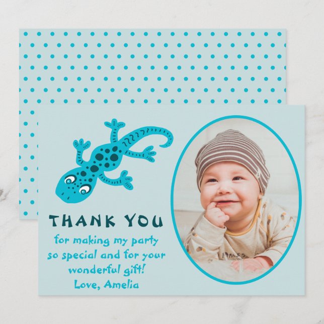 Cute Blue Gecko Lizard Kid Photo Birthday  Thank You Card (Front/Back)