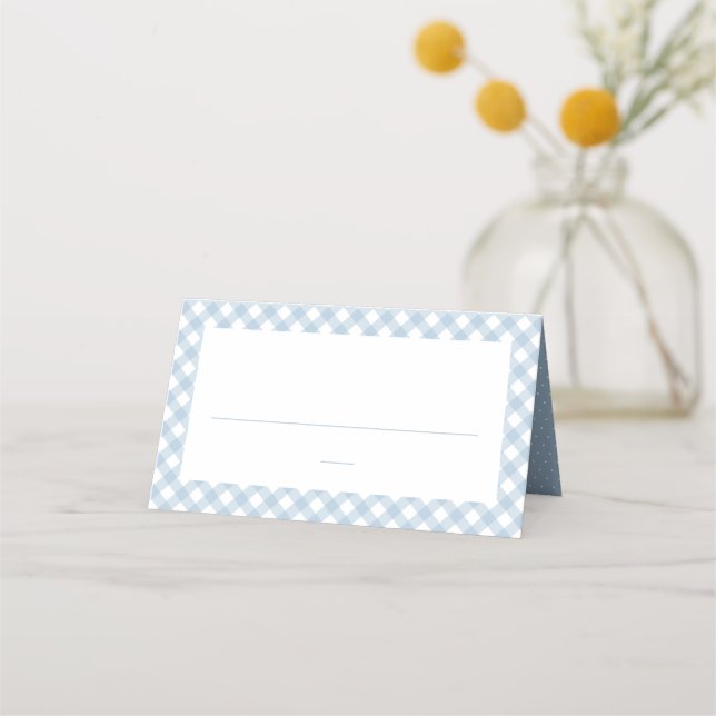 Cute blue gingham check simple boy baby shower place card (Front)