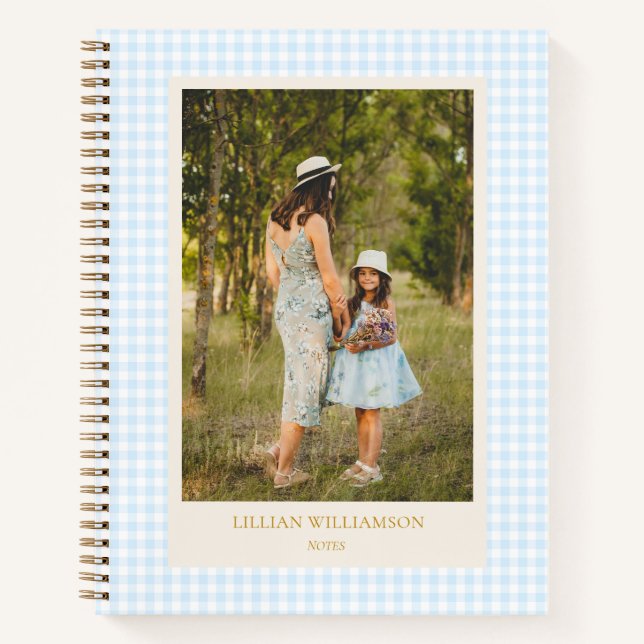 Cute Blue Gingham Photo Personalized Notes Journal (Front)