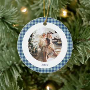 Cute Blue Gingham Plaid Custom Photo Christmas Ceramic Ornament