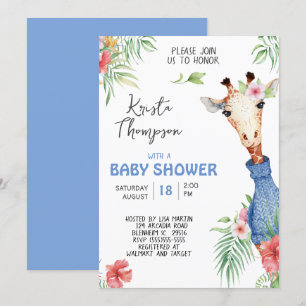 Cute Blue Giraffe  Baby Shower Invitation