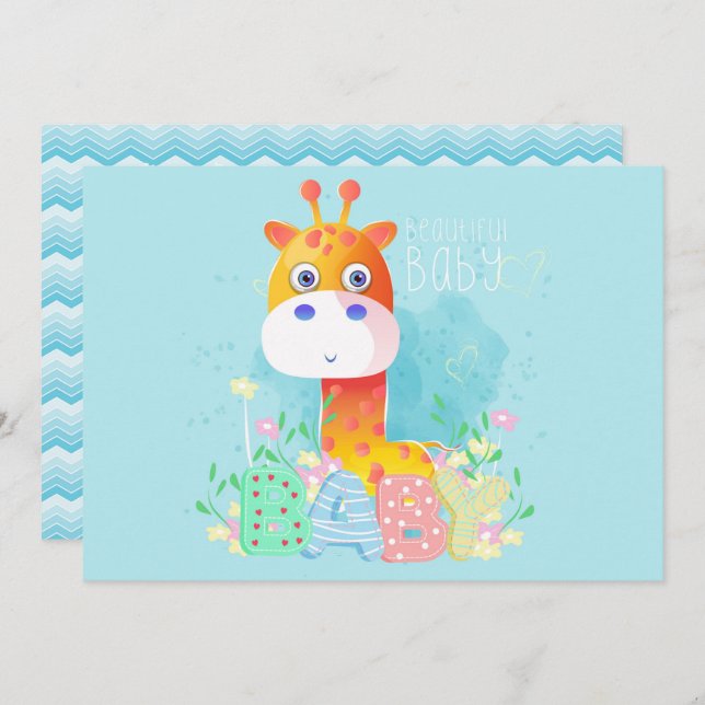 Cute Blue Giraffe Baby Shower Invitation (Front/Back)
