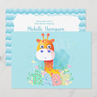Cute Blue Giraffe Baby Shower Invitation