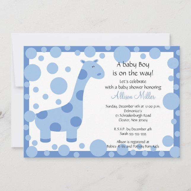 Cute Blue Giraffe Boy Baby Shower Invitation (Front)