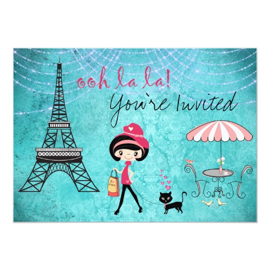 Cute Blue Girl and Cat Paris Birthday Invitation