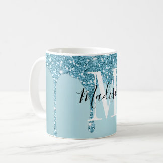 Cute blue glitter monogram coffee mug