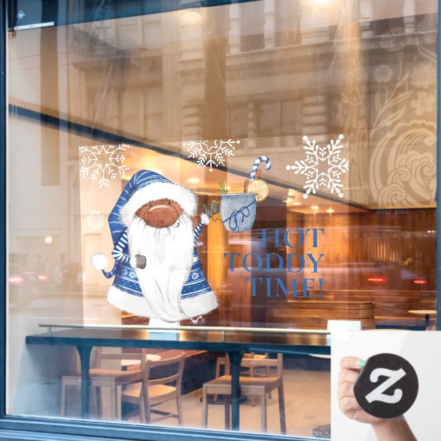 Cute Blue Gnome, Hot Toddy Time Window Cling (Cafe Window)