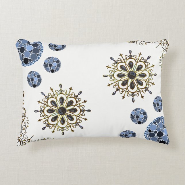 Cute Blue & Gold Decorative White Throw Pillow (Front)