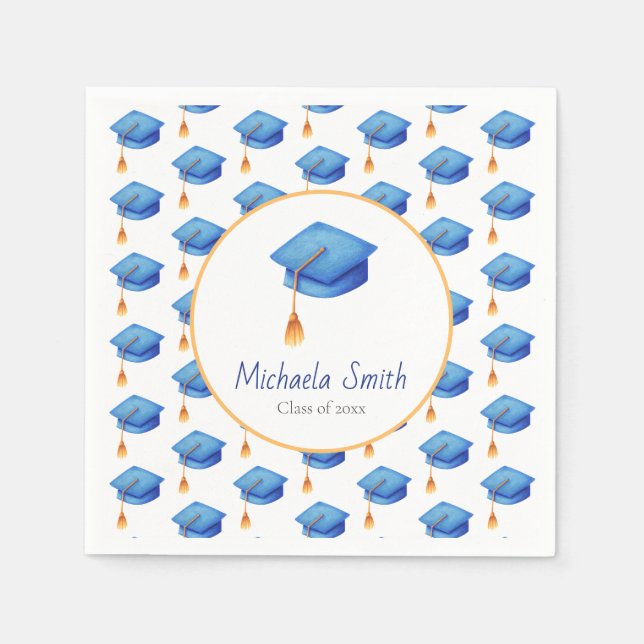 Cute Blue Graduation Cap Personalized Graduation Napkin (Front)