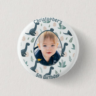 Cute Blue Green Dinosaur Custom Photo and Name 1 Inch Round Button