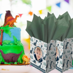 Cute Blue Green Dinosaur Custom Photo and Name Medium Gift Bag