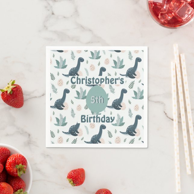Cute Blue Green Dinosaur with Foliage and Eggs Napkin (Insitu)