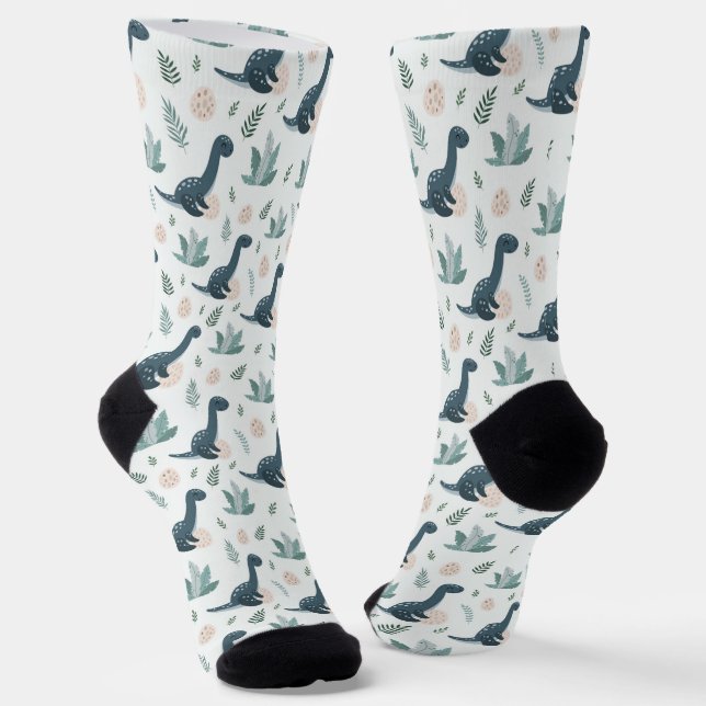 Cute Blue Green Dinosaur with Foliage and Eggs Socks (Angled)