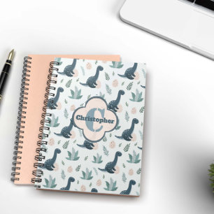Cute Blue Green Dinosaur with Monogram and Name Notebook
