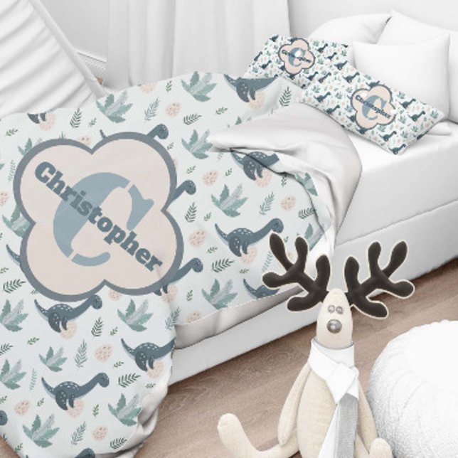 Cute Blue Green Dinosaur with Monogram and Name Pillowcase (Creator Uploaded)