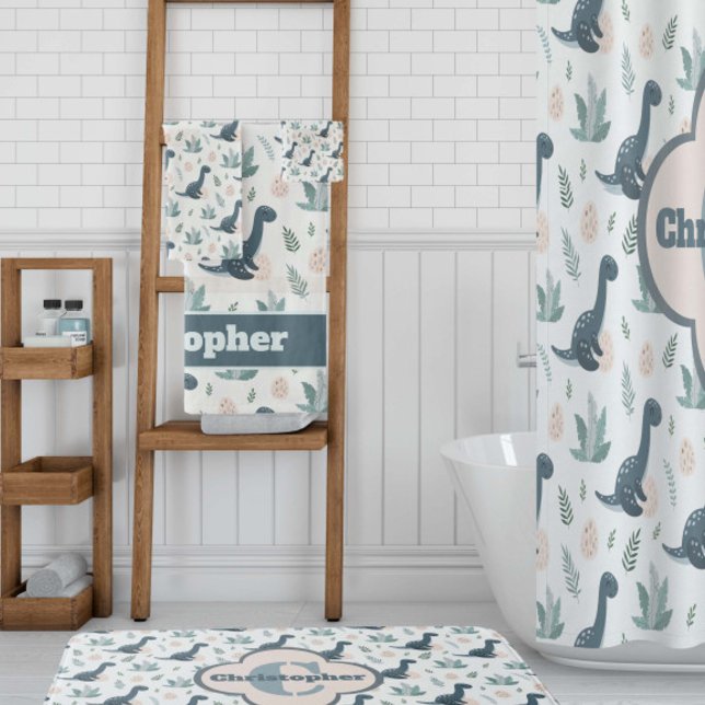 Cute Blue Green Dinosaur with Name Bath Towel Set (Creator Uploaded)