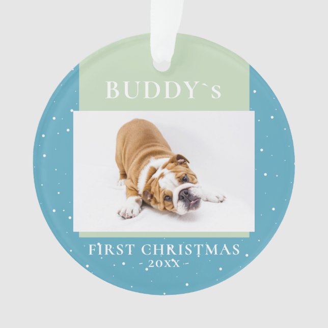 Cute Blue Green First Christmas Puppy Photo Ornament (Front)