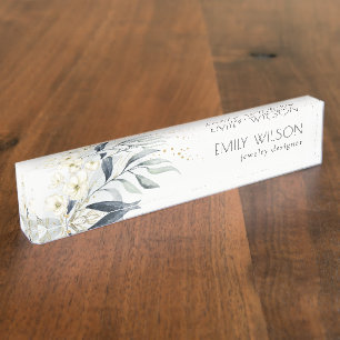 Cute Blue Green Gold Leafy Botanical Floral Bunch Nameplate