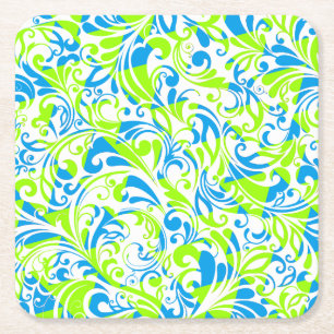 Cute blue green mixed floral patterns square paper coaster