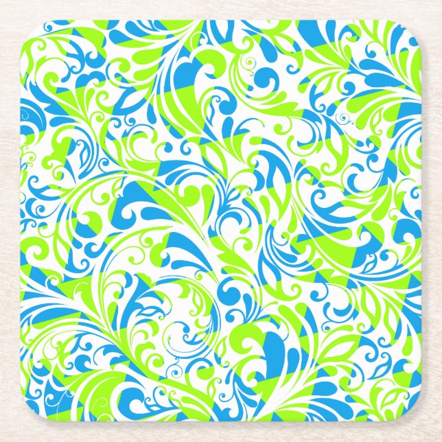 Cute blue green mixed floral patterns square paper coaster (Front)