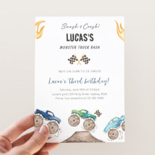 Cute Blue & Green Monster Trucks Birthday Party Invitation