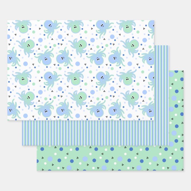 Cute Blue & Green Octopus, Stripes, Polka-Dots Wra Wrapping Paper Sheet (Set)