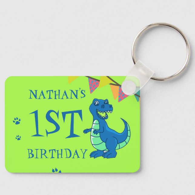 Cute Blue Green Paw Dinosaur Themed Birthday Favou Keychain (Front)