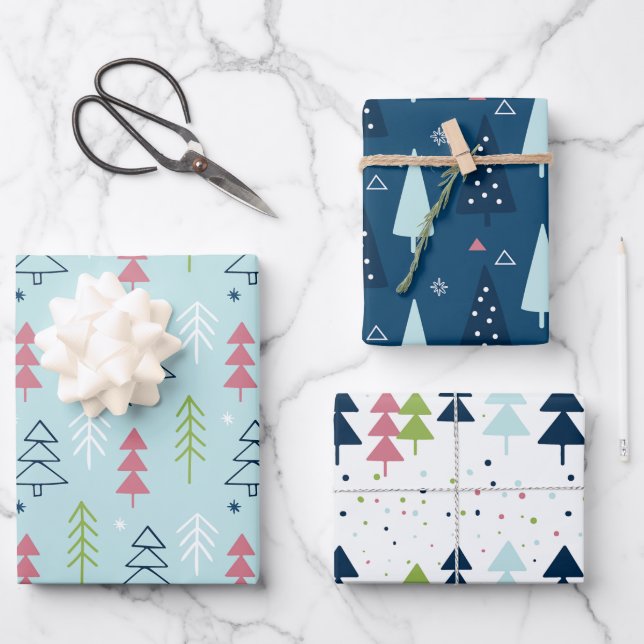Cute Blue Green Pink Christmas Tree Pattern Gift Wrapping Paper Sheet (Front)