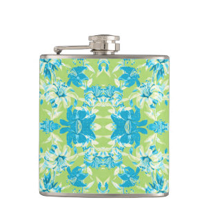 Cute blue green seamless lily floral hip flask