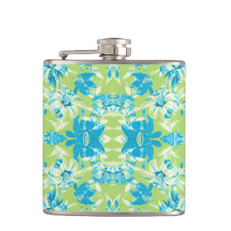 Cute blue green seamless lily floral hip flask
