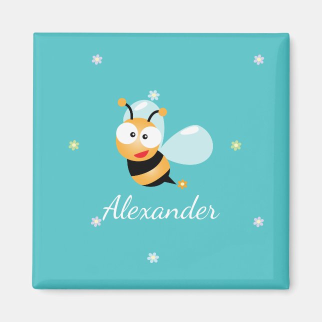 Cute Blue Green Sweet Bumble Bee Flowers Cartoon Magnet (Front)