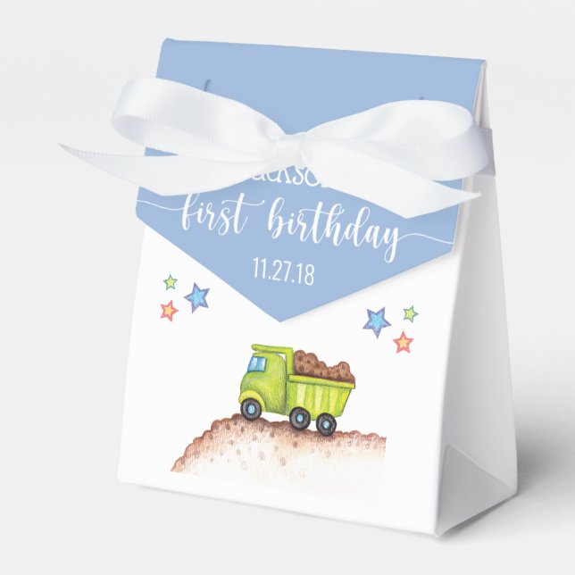 Cute Blue Green Truck First Birthday Party Favor Box (Front Side)