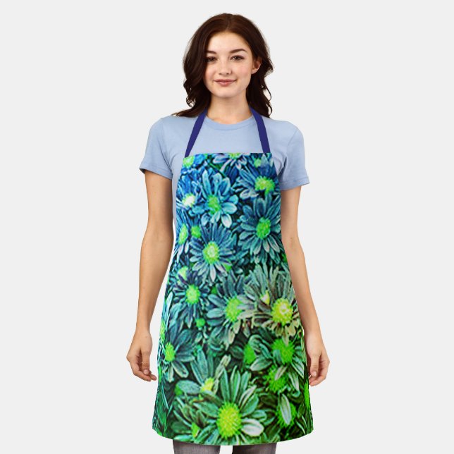 Cute Blue Green Womens Floral Chef Baker's Apron (Worn)