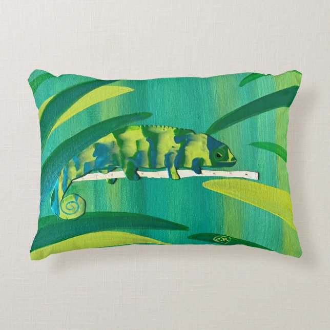 Cute Blue Green Yellow Chameleon on a Branch Accent Pillow (Front)