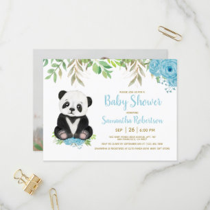 Cute Blue Greenery Boy Panda Baby Shower Photo Invitation Postcard