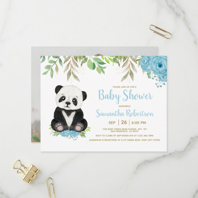 Cute Blue Greenery Boy Panda Baby Shower Photo Invitation Postcard (Front/Back In Situ)