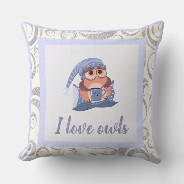 Cute Blue Grey Baby Owl Cap Cute Love Animal Throw Pillow (Front)