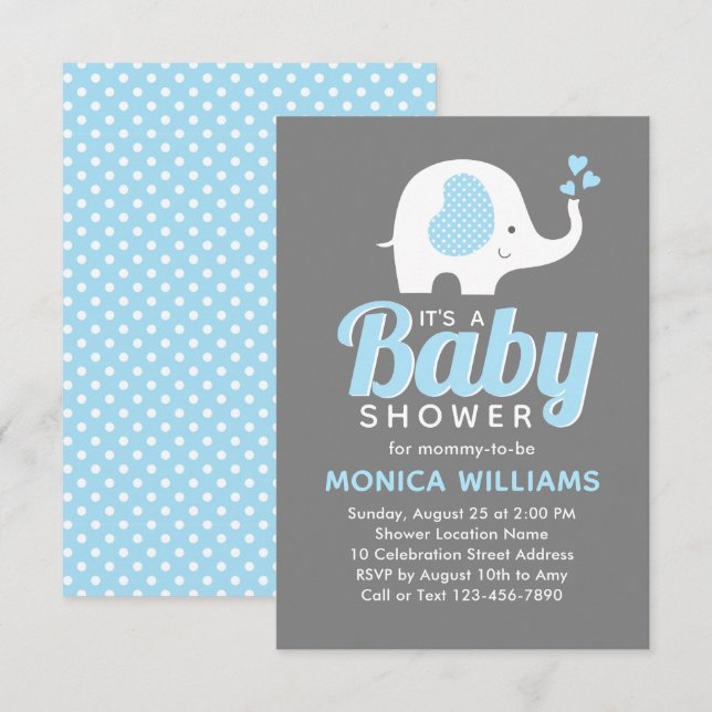 Cute Blue Grey Boy Elephant Baby Shower Invitation (Front/Back)