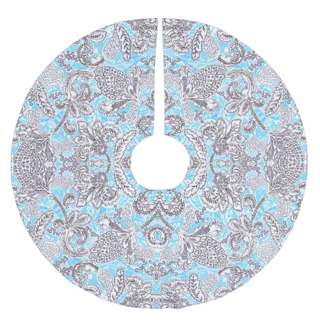 Cute blue grey classic floral brushed polyester tree skirt (Front)