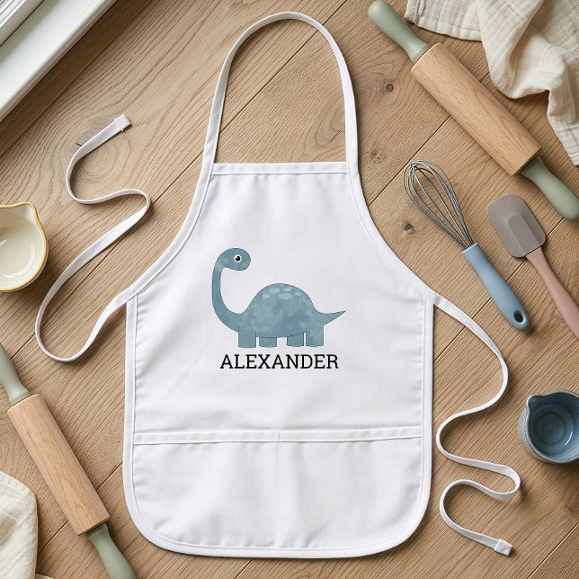Cute Blue Grey Dinosaur Personalized Kids Apron (Creator Uploaded)