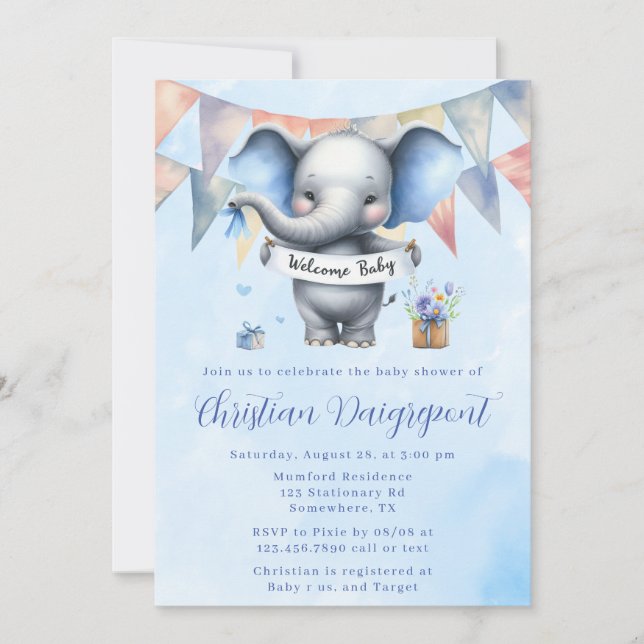 Cute Blue Grey Elephant Welcome Baby Boy Shower Invitation (Front)