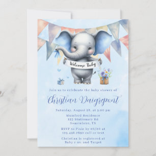 Cute Blue Grey Elephant Welcome Baby Boy Shower Invitation