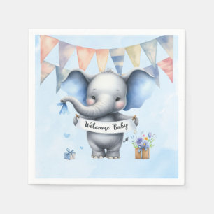 Cute Blue Grey Elephant Welcome Baby Boy Shower Napkin
