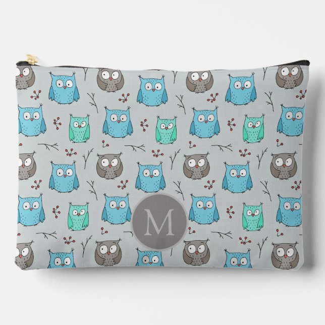 Cute Blue Grey Owl Pattern Monogram Accessory Pouch (Front)